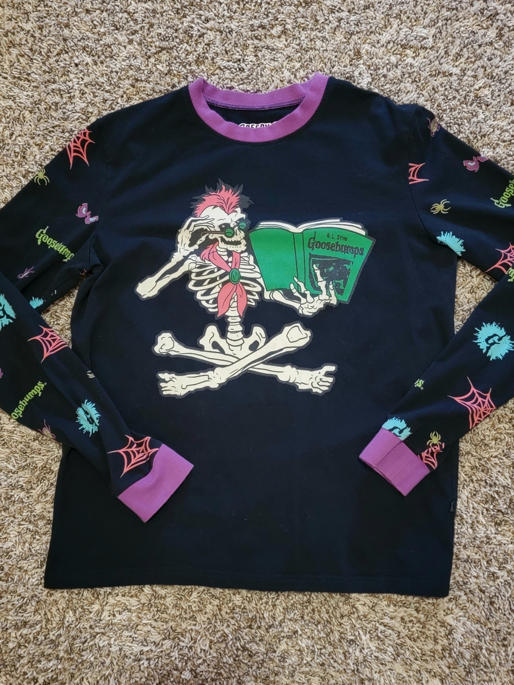 Goosebumps Skeleton Black Long-Sleeve Graphic Tee with Purple Trim 90s Y2k Goth